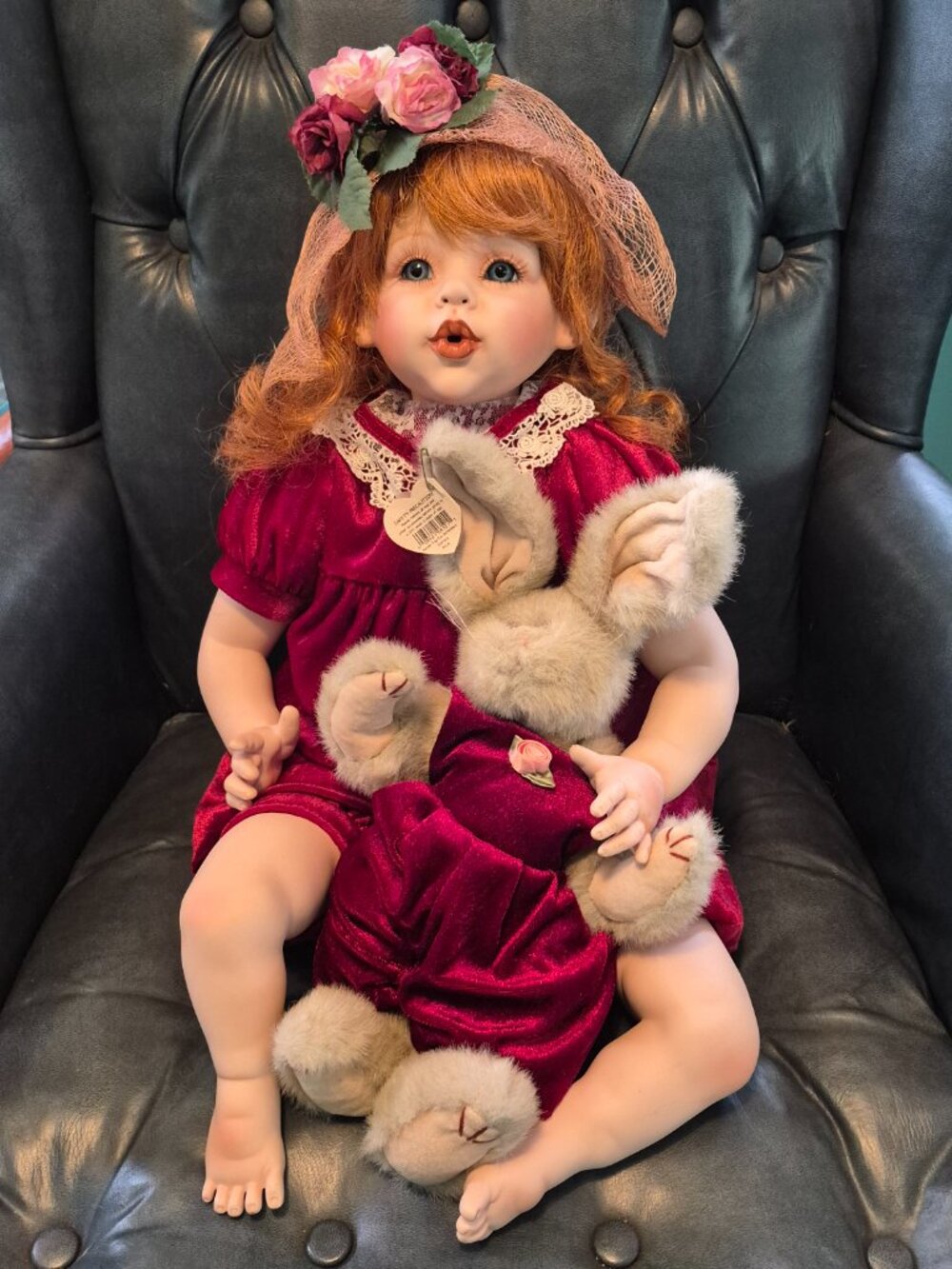 “KISSES “by Fayzah Spanos Porcelain doll 1994 with TY Rabbit Sidney with COA Box